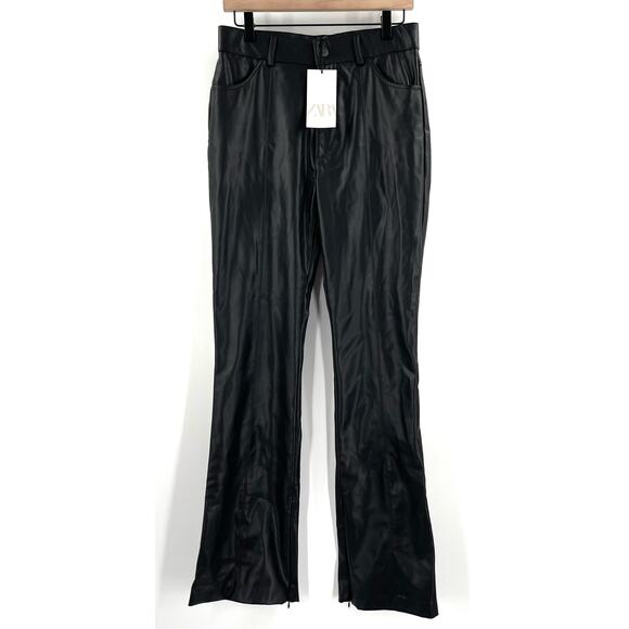 ZARA Faux Leather Pants Size Large Black Zipper Flare Vegan Mob Wife Bootcut NWT - Picture 3 of 14